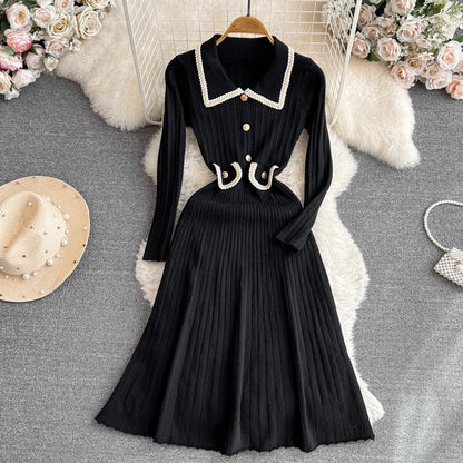 long-sleeved mid-length A-line knitted dress       S4236
