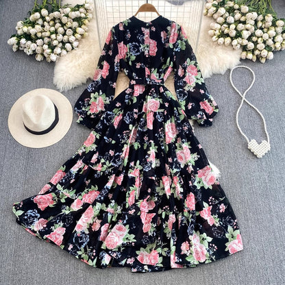 sweet lantern sleeves A-line printed ruffled chiffon dress elegant long skirt      S4092