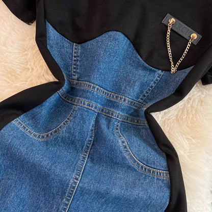 short-sleeved V-neck denim a-line dress      S3961