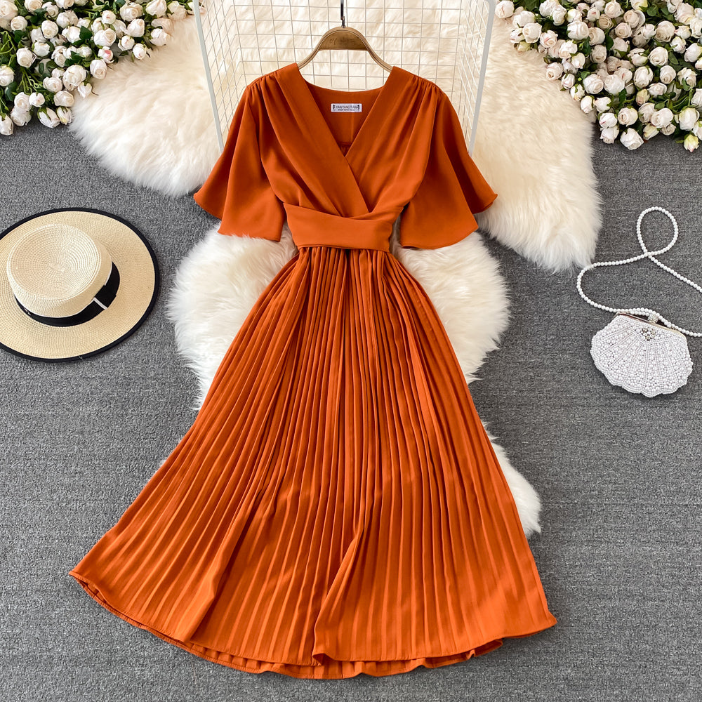 V-neck Short-sleeved Dress Over The Knee Lace-up Pleated Long Dress      S4465