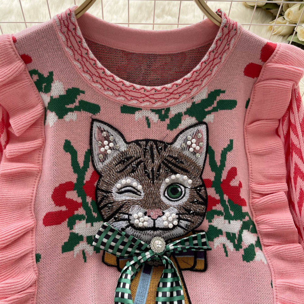 sweater women's new style ruffled kitten short sweater top        S4526