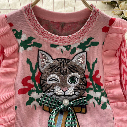 sweater women's new style ruffled kitten short sweater top        S4526