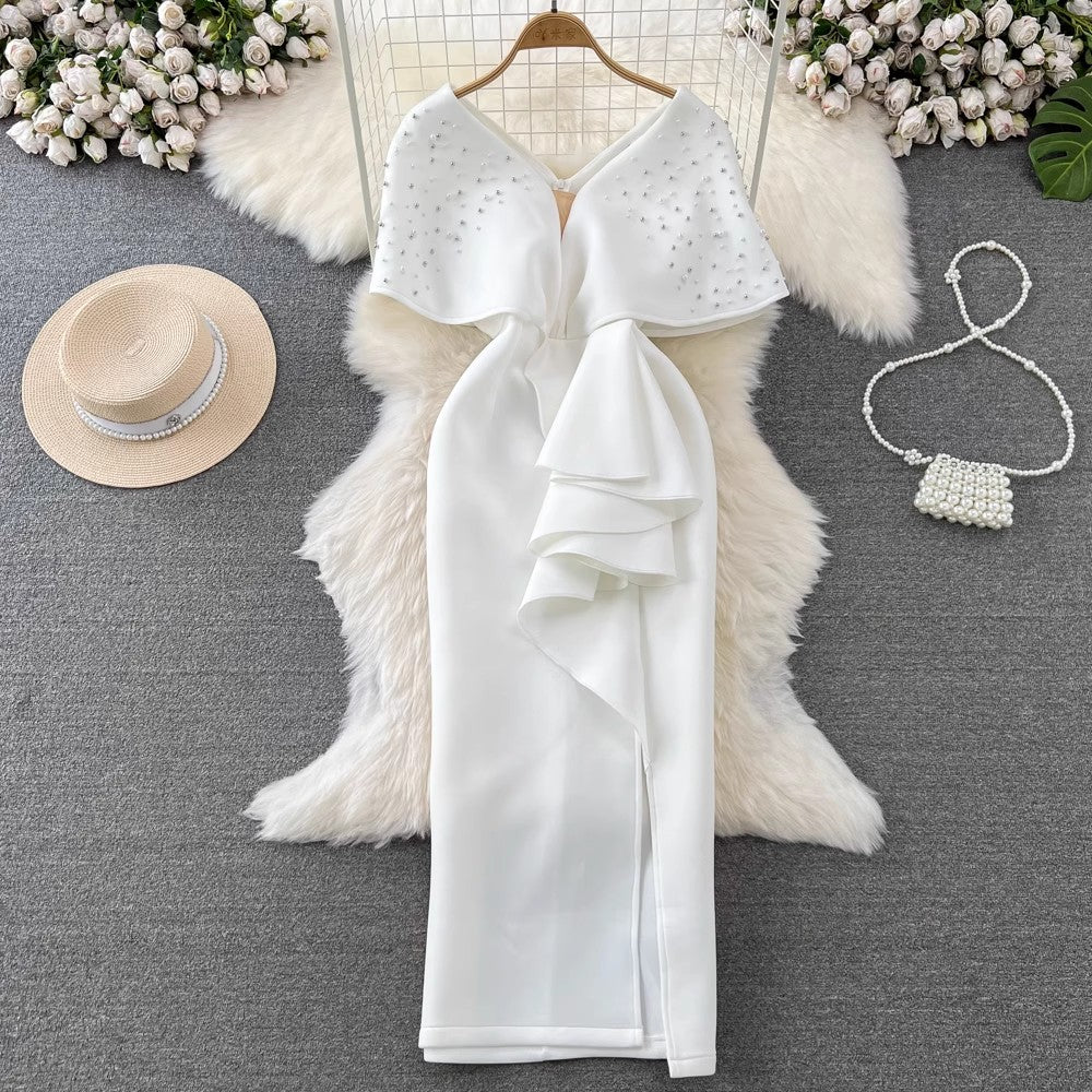 beaded V-neck dresses      S4038