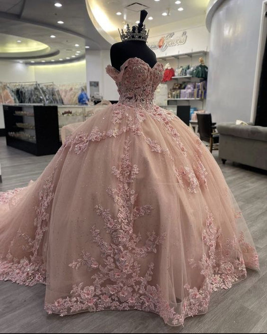Pink Lace Long Prom Dresses Ball Gown Sweet 16 Dresses