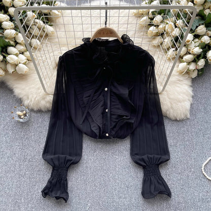 Chiffon shirt new women's long-sleeved tops pleated bell-sleeved shirt for women   S4635