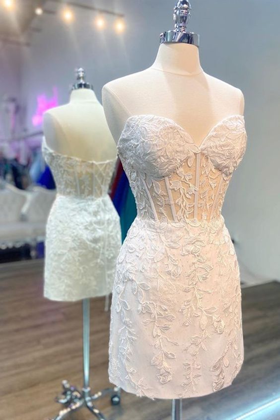 Strapless Short White Lace Prom Dresses, Short White Lace Formal Homecoming Dresses     fg3718
