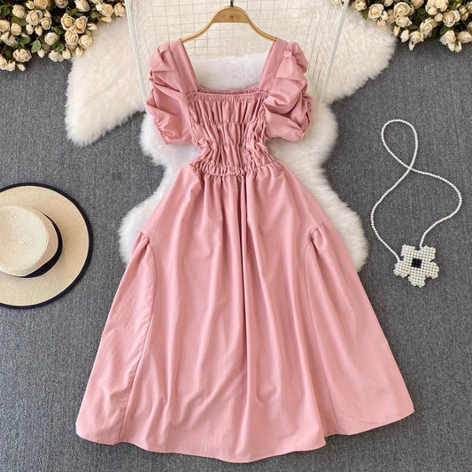 puff sleeves square neck A-line dress chic long skirt      S4011