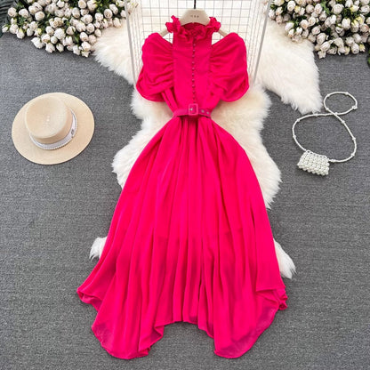 off-shoulder pleated A-line chiffon dress elegant long skirt    S4424