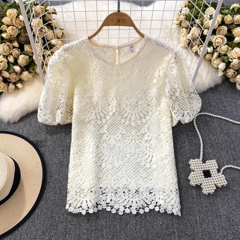 Bubble Short-Sleeved Round Neck Women__ Lace Top       S3991