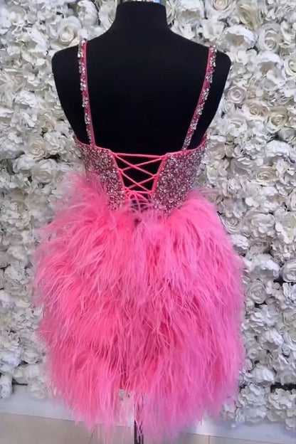 Lace-Up Hot Pink Beaded Feathers Short Homecoming Dress        S3049