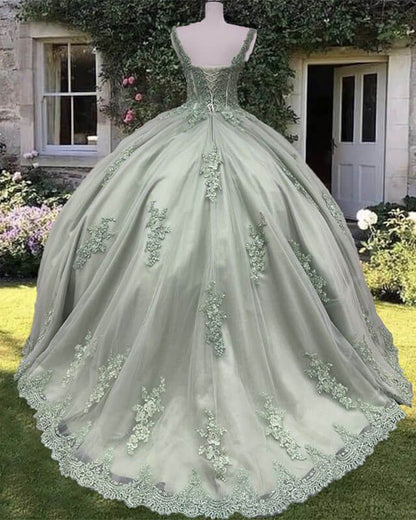 Sage Corset Ball Gown Appliques Tulle Prom Dress