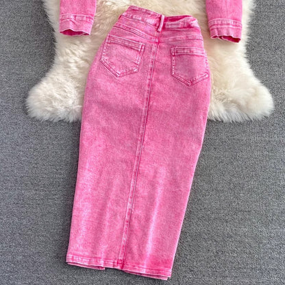 Pink denim jacket short women's jacket top two-piece suit mid-length skirt        S4220