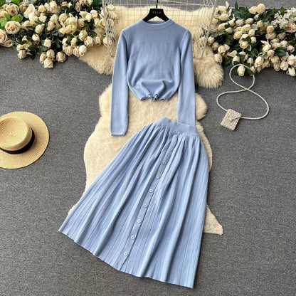 knitted fashion suit for women round neck T-shirt + pleated skirt   S4580