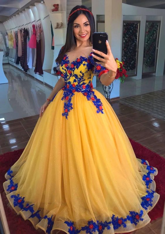 Evening Dresses Yellow Sequins Prom Lace 3d Flower Evening Gowns Short Sleeve Princess Formal Women Dress