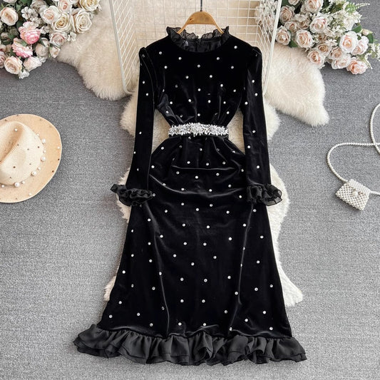 long-sleeved diamond mid-length A-line velvet dress     S4186