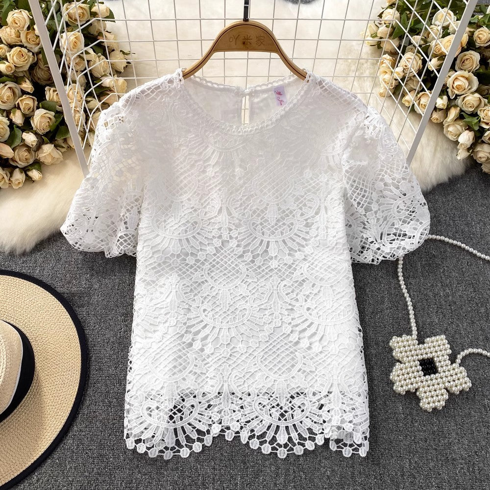 Bubble Short-Sleeved Round Neck Women__ Lace Top       S3991