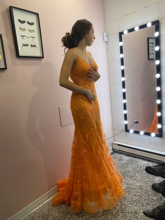 Orange Beautiful Tulle With Lace Applique Long Formal Gown Party Dresses