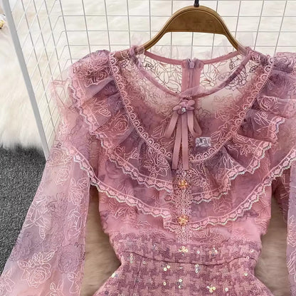 luxurious round-neck ruffled lantern long-sleeved lace sequined A-line dress     S4273
