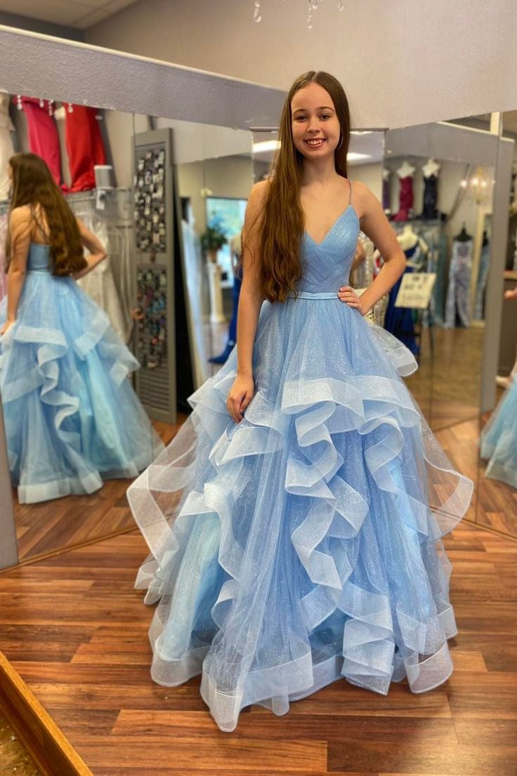 Blue Tulle Multi Tiered A Line Prom Gown