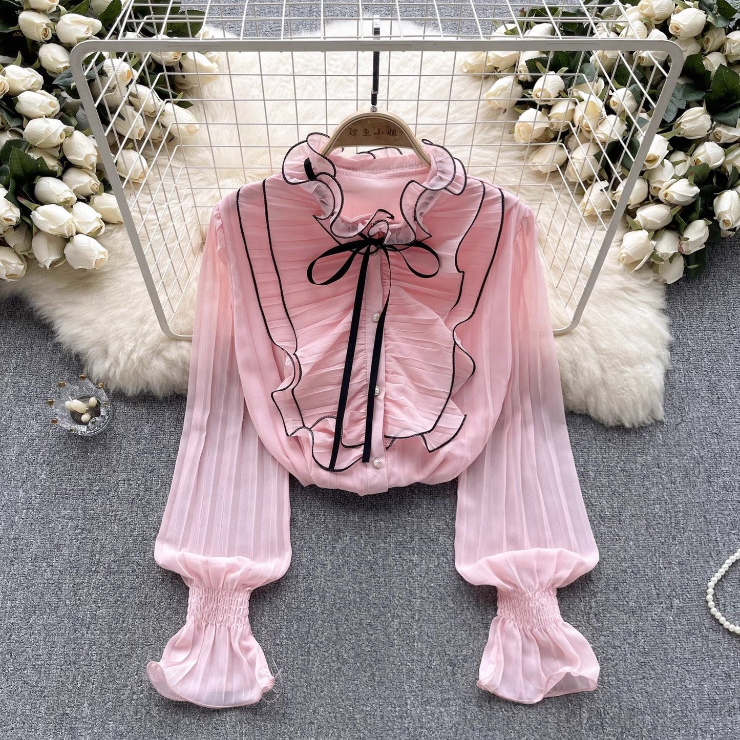 Chiffon shirt new women's long-sleeved tops pleated bell-sleeved shirt for women   S4635