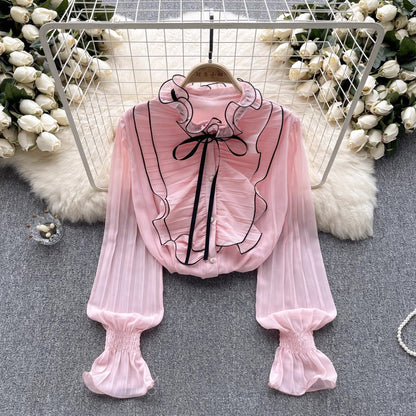 Chiffon shirt new women's long-sleeved tops pleated bell-sleeved shirt for women   S4635