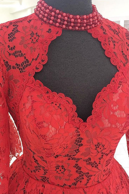 Red lace short prom dress, red lace homecoming dress       fg3829