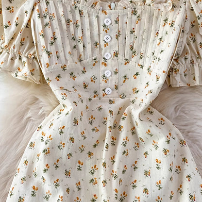 Floral Skirt Square Neck Puff Short Sleeve Chic A-Line Dress       S3959