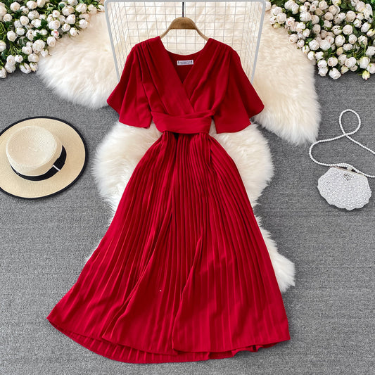 V-neck Short-sleeved Dress Over The Knee Lace-up Pleated Long Dress      S4465