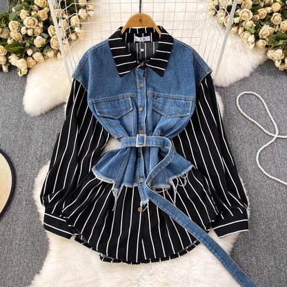Denim Vest Spliced Striped Shirt Women's Casual Irregular Top    S4051