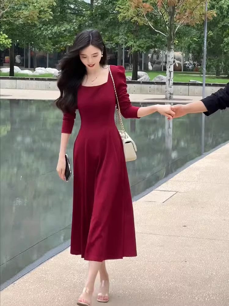 Red Dress Women's Square Neck Mid-Long  Skirt    S3467
