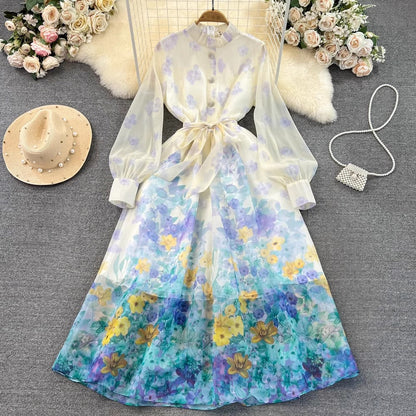 lantern long-sleeved A-line printed organza dress    S4229