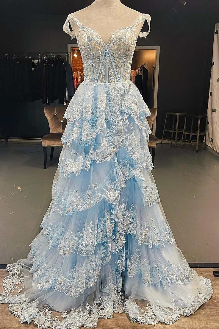Light Blue Lace Sweetheart Tiered Long Prom Dress with Slit       fg4197