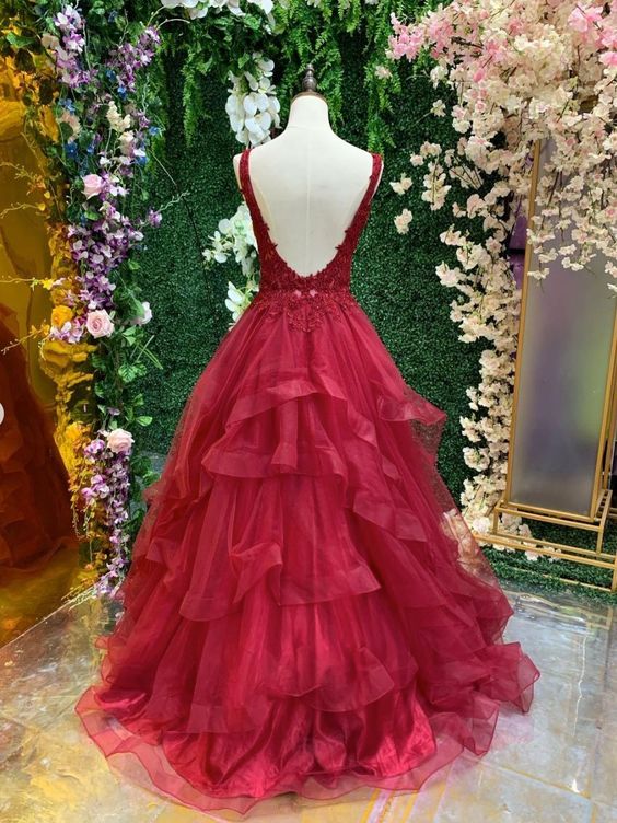 burgundy v neck tulle lace long prom dress, burgundy evening dress      S3344