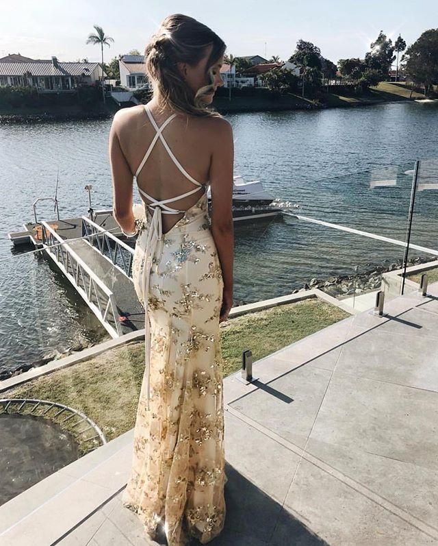 Gold Sequin Mermaid Backless V-Neck Prom Dresses     S3255
