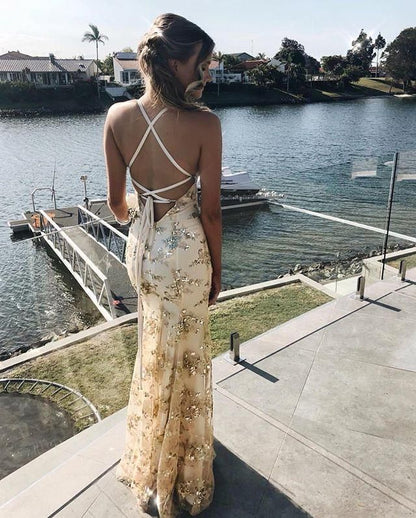 Gold Sequin Mermaid Backless V-Neck Prom Dresses     S3255