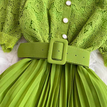 short-sleeved round-neck lace pleated dress elegant long skirt     S4312