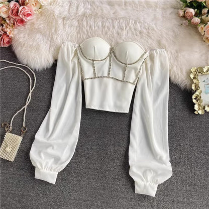 sexy rhinestone tube top shirt fashionable square neck top long sleeves       S4170