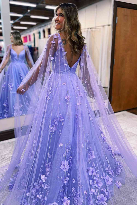 Princess Lavender 3D Flowers Tulle Formal Dress with Cape    fg3294