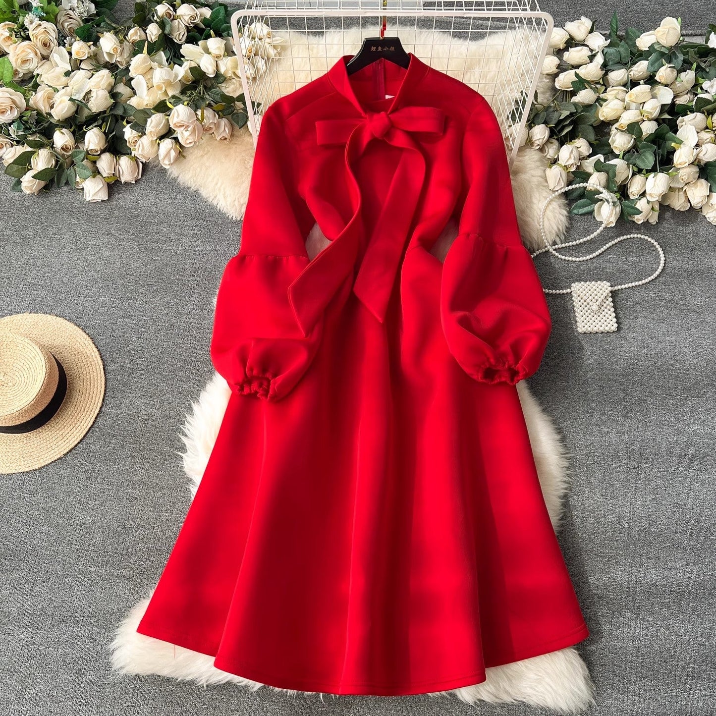 party dress women's fashion bow tie lantern long-sleeved dress    S4493