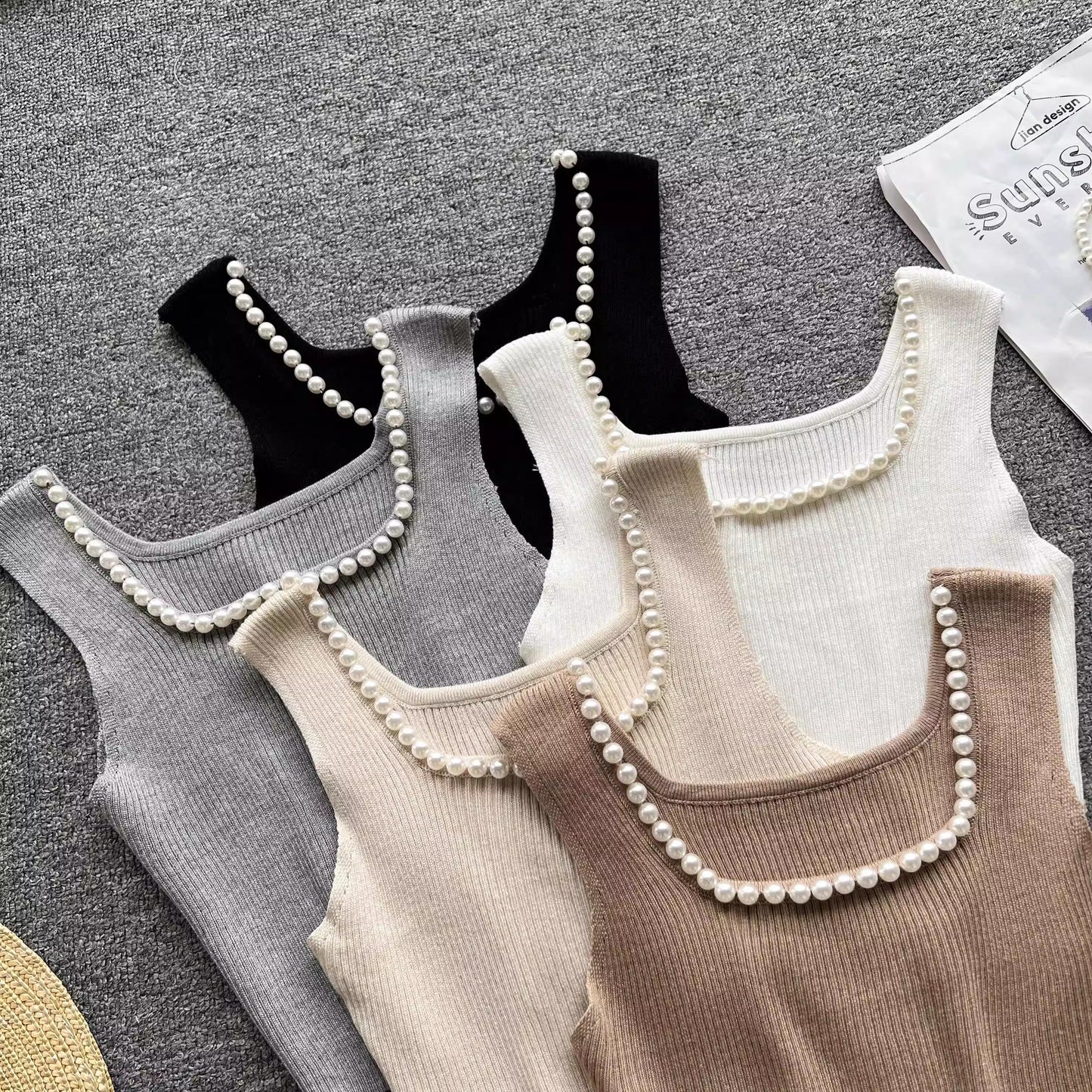Square neck sleeveless beaded pleatedfor women knitted chic top     S4622