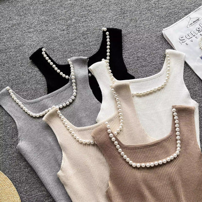 Square neck sleeveless beaded pleatedfor women knitted chic top     S4622