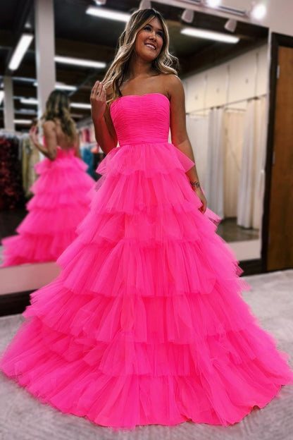 A-line Strapless Pleated Multi-Layers Tulle Long Prom Dress     S3226