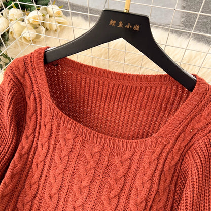 Sweater Dress Women's High-Quality Square Neck Puff Sleeve Knitted Skirt      S4615