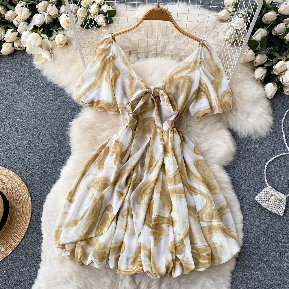 Vintage V-neck Puff Sleeve Dress Puffy A-line Dress      S4471