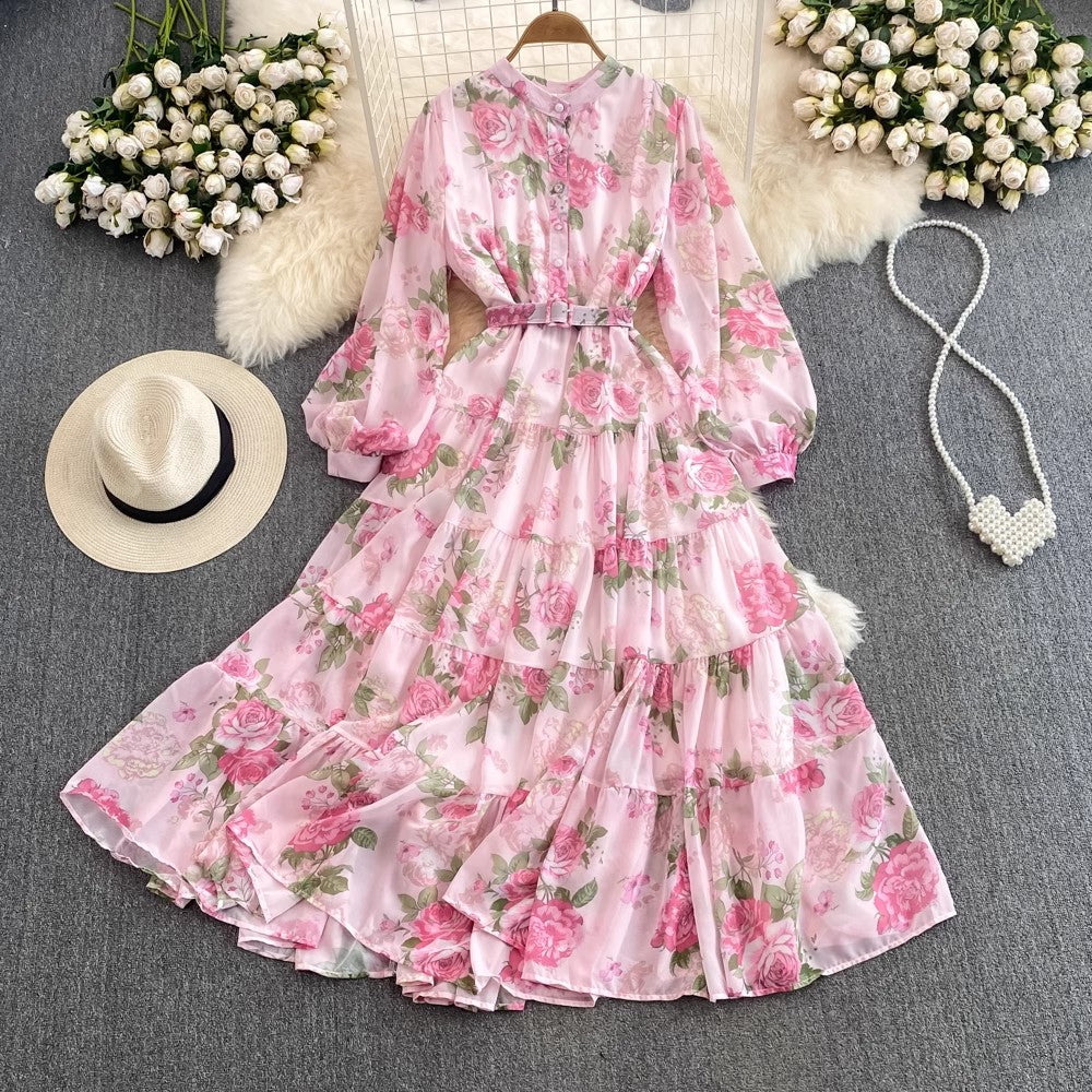 sweet lantern sleeves A-line printed ruffled chiffon dress elegant long skirt      S4092