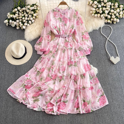 sweet lantern sleeves A-line printed ruffled chiffon dress elegant long skirt      S4092