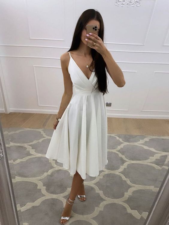 Simple white v neck short prom dress, white homecoming dress        S3517