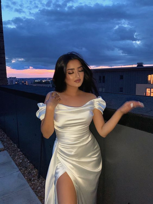 Off The Shoulder White Satin Long Evening Dress White Evening Gown