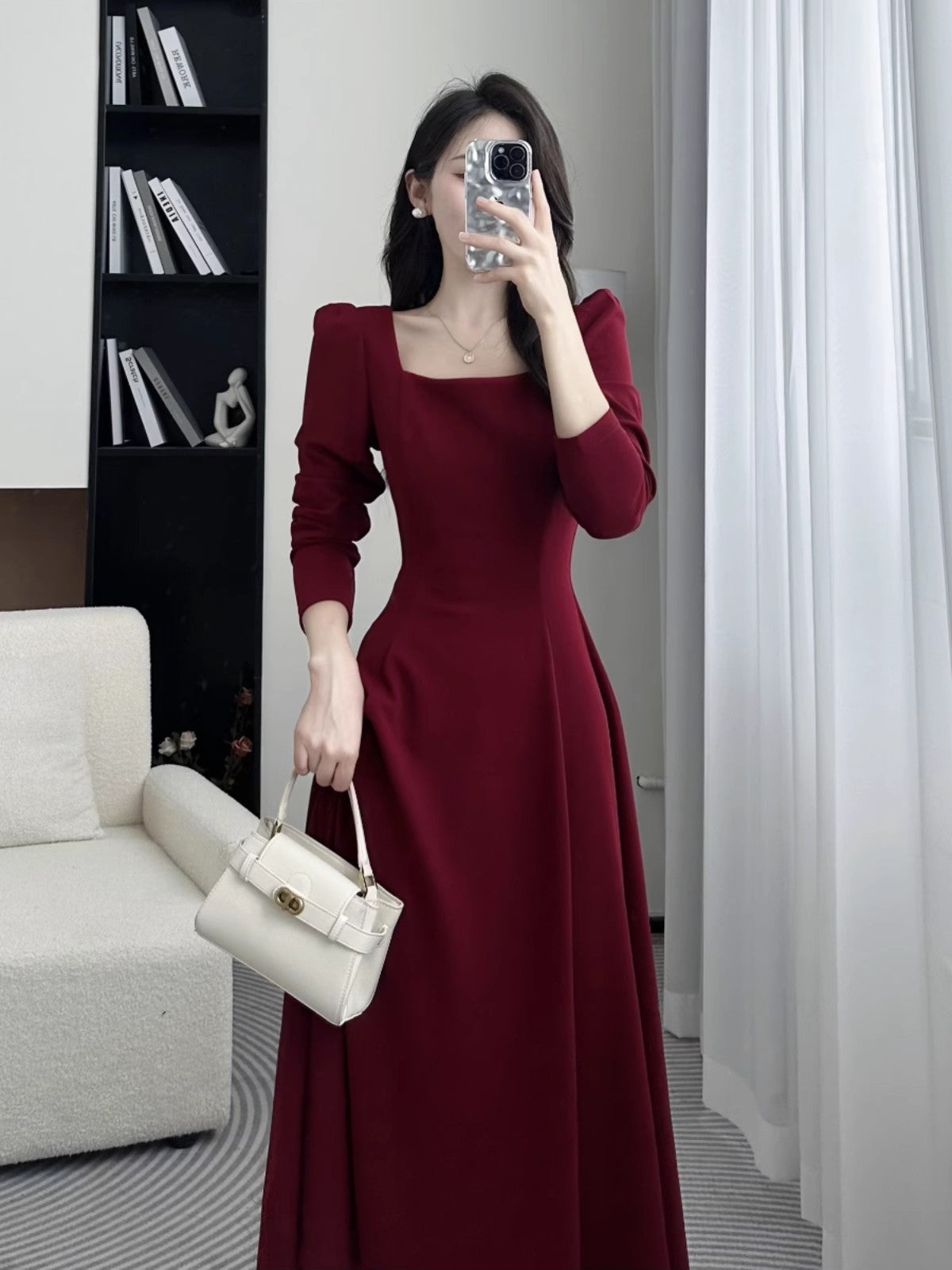Red Dress Women's Square Neck Mid-Long  Skirt    S3467