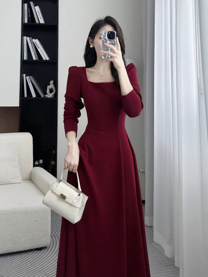 Red Dress Women's Square Neck Mid-Long  Skirt    S3467